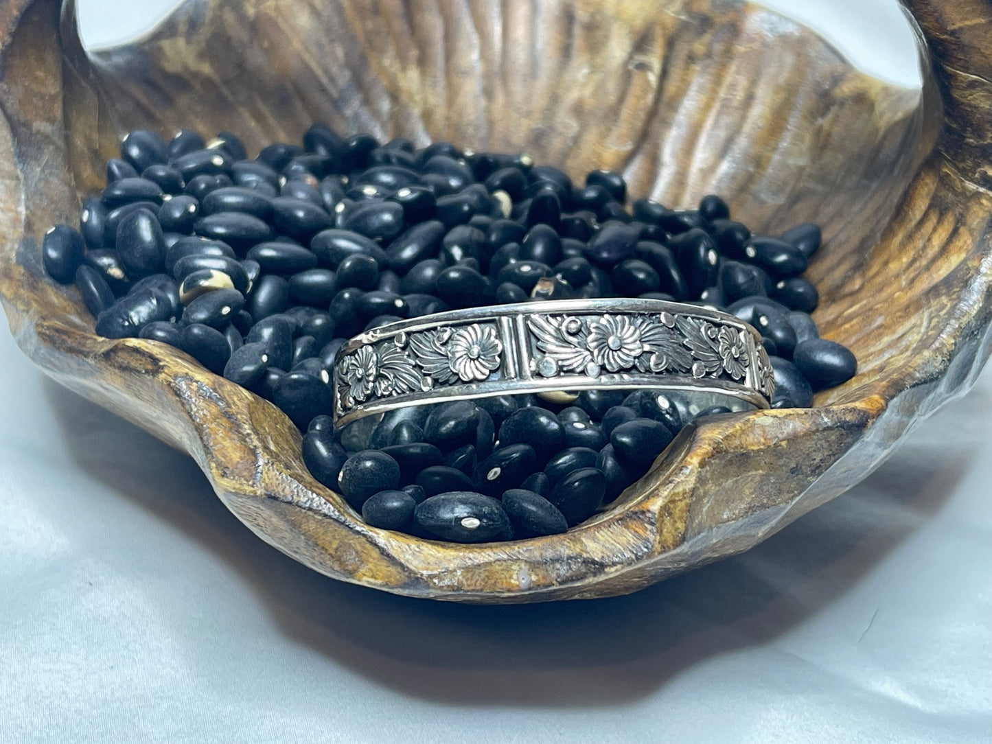 Silver Stacker Cuff Bracelet with Floral Pattern