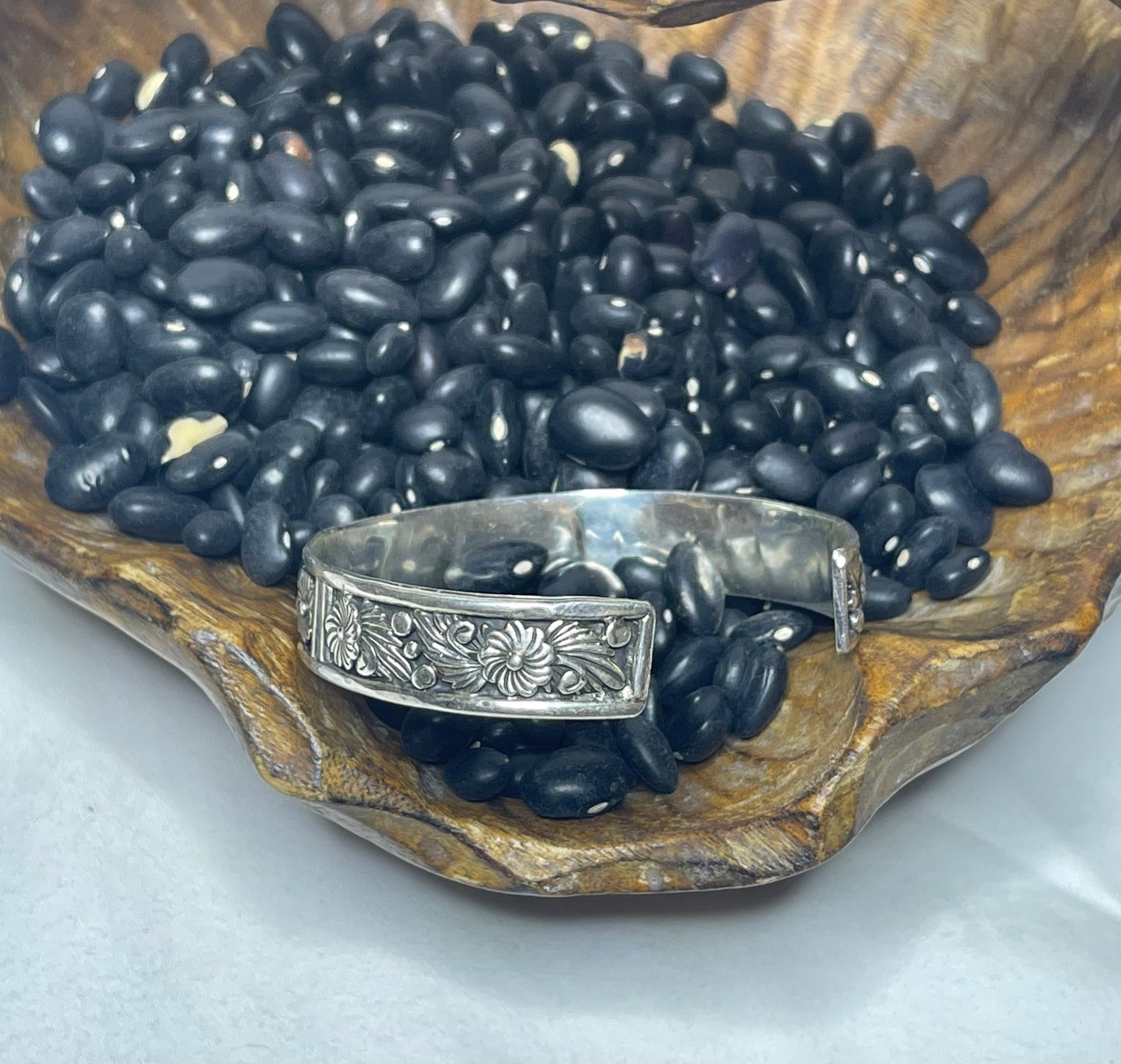 Silver Stacker Cuff Bracelet with Floral Pattern